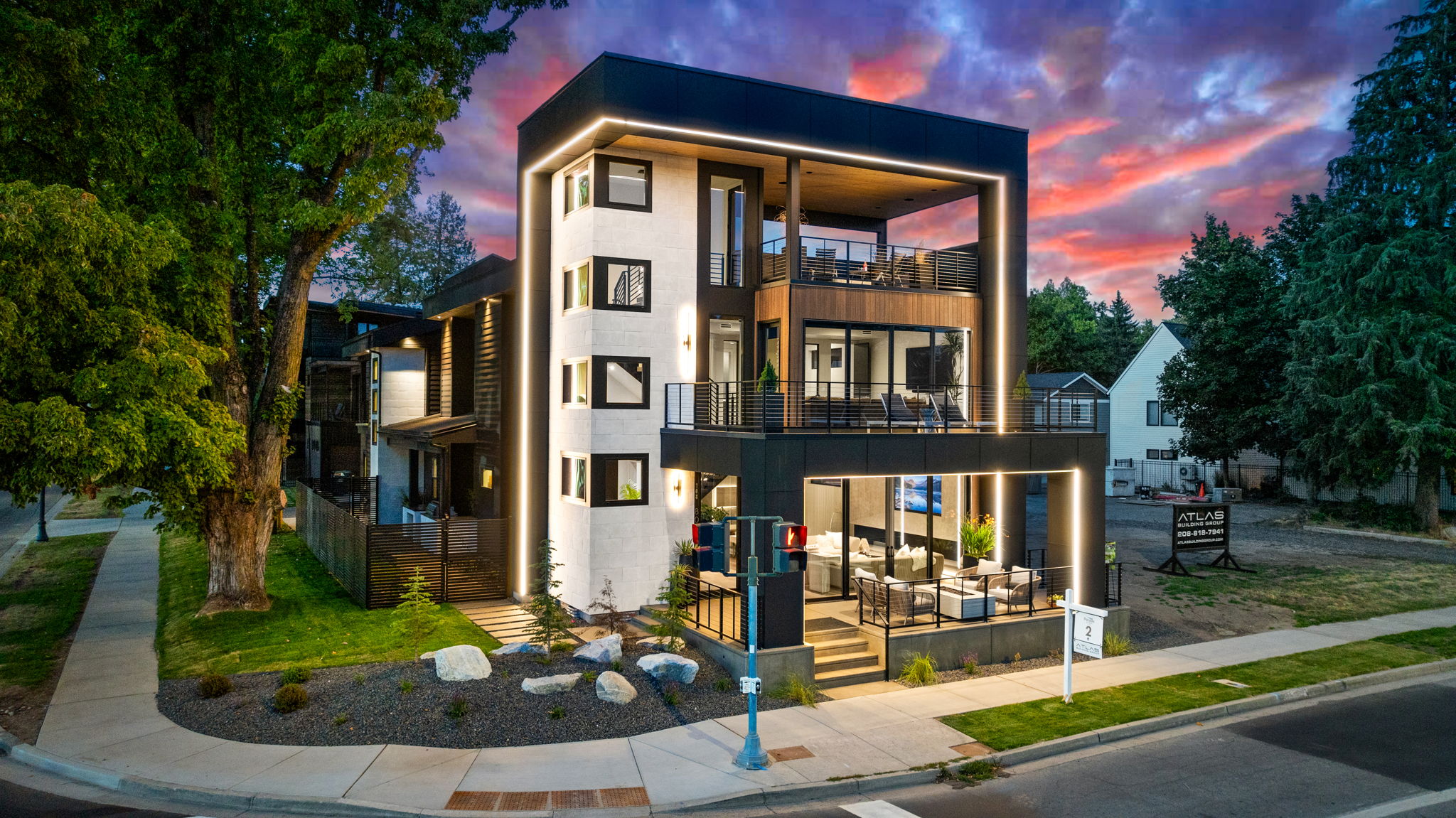 exterior view of illuminated luxury home at night