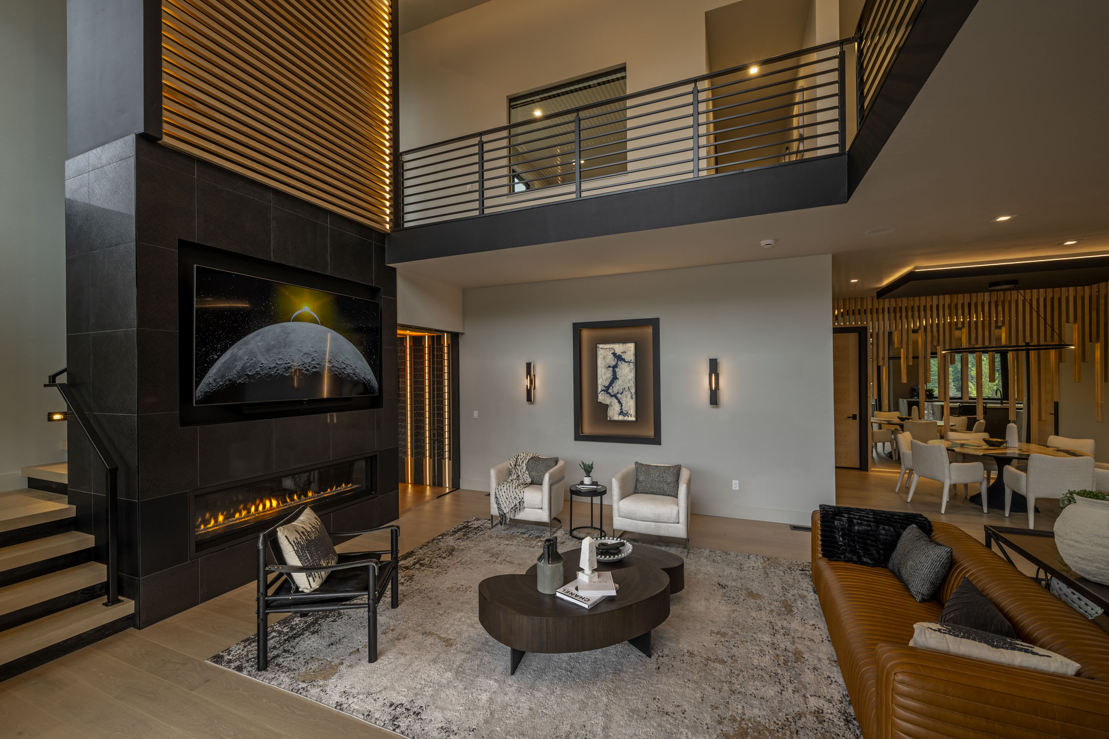 custom luxury great room with fireplace