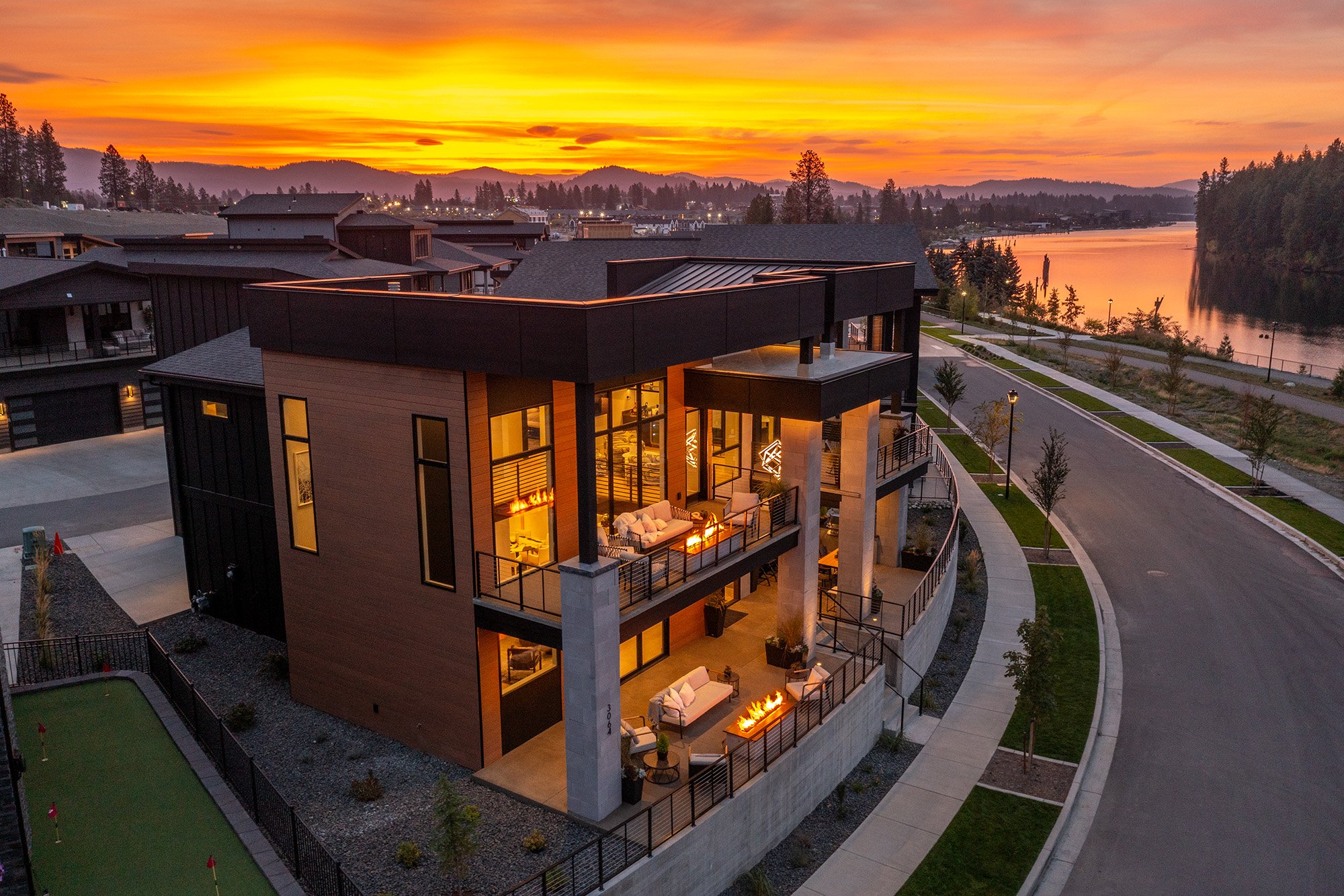 aerial exterior view of the The Glasgow in orange sky sunset