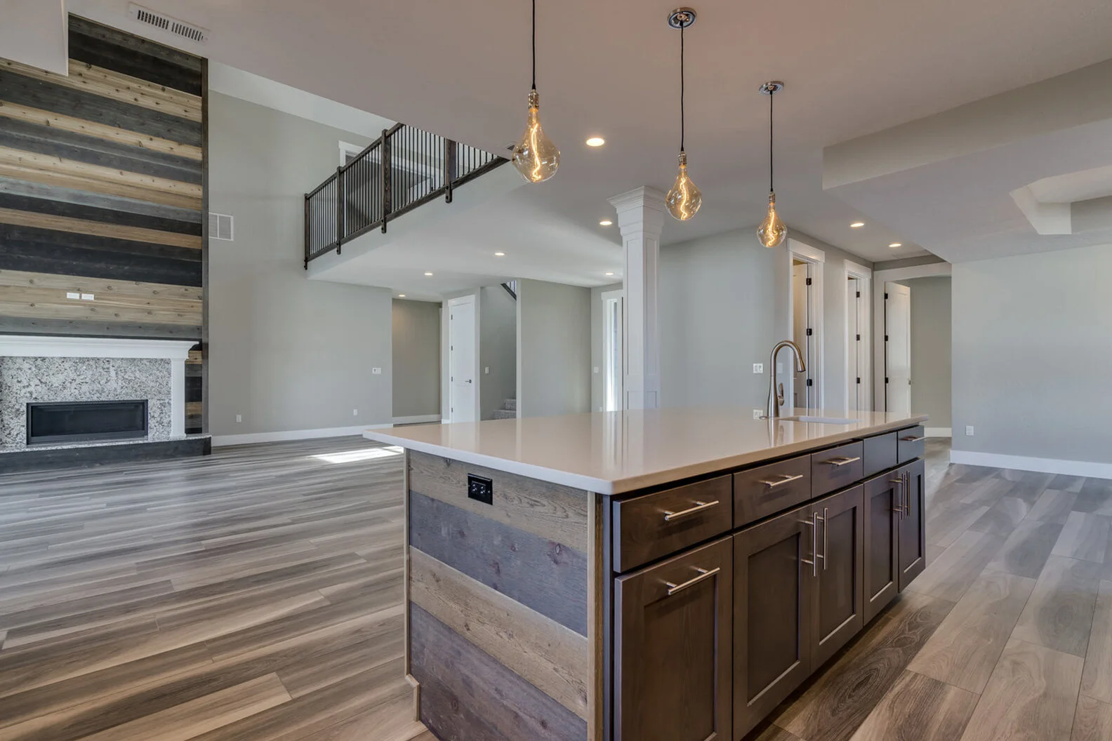 kitchen counter and great room of custom modern luxury home