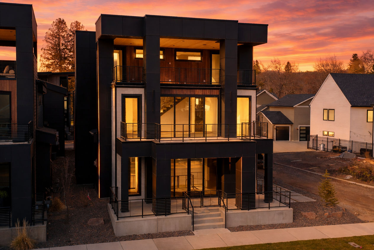 sunset exterior of modern custom home